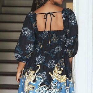 Anthropologie black + blue floral dress with tie back